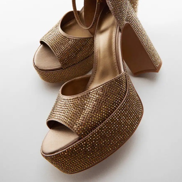 NWOT MANGO Heeled Sandal with ankle strap metallic - Picture 6 of 9